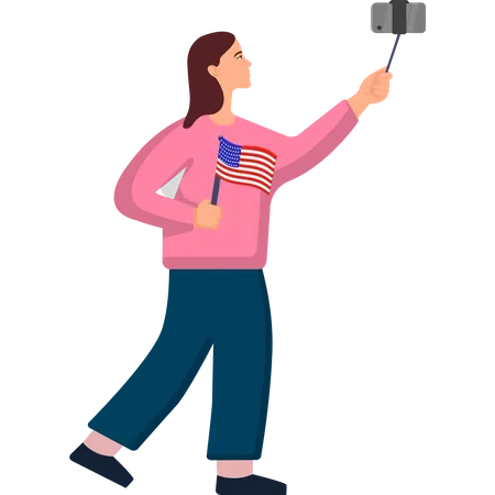 Mujer fotografiando la bandera de Estados Unidos  Ilustración