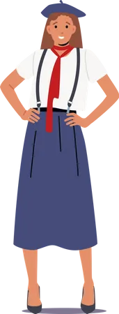 Tipica Mujer Francesa Con Falda Larga Azul Con Tirantes Corbata Roja Camisa Blanca Y Boina Roja Personaje Femenino Con Ropa Tradicional Francesa Paris En Estereotipos Ilustracion De Vector De Personas De Dibujos Animados Ilustración