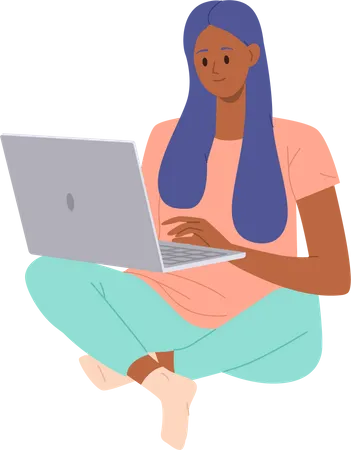Mujer con computadora portátil trabajando remotamente en casa  Ilustración
