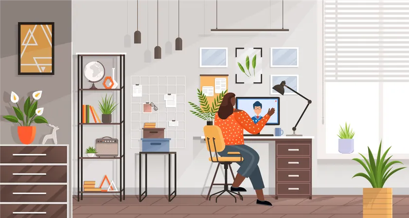 Mujer freelance trabajando con una computadora en su casa  Ilustración