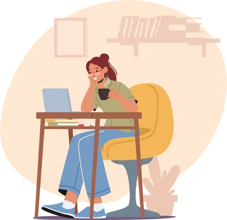 Mujer independiente trabajando en una computadora portátil con una taza de café  Ilustración