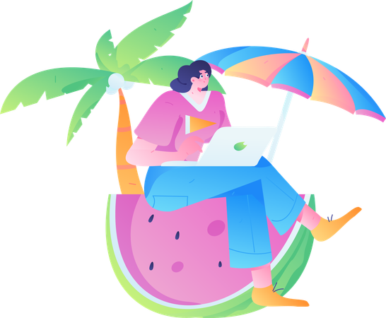 Mujer independiente trabajando de vacaciones  Ilustración