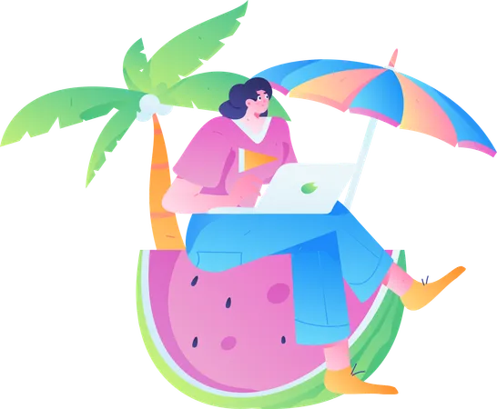 Mujer independiente trabajando de vacaciones  Ilustración