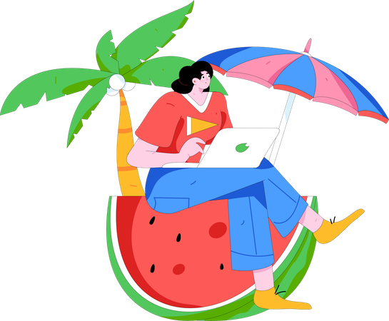 Mujer independiente trabajando de vacaciones  Ilustración