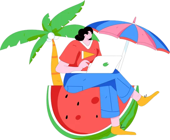 Mujer independiente trabajando de vacaciones  Ilustración