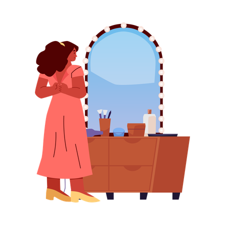 Mujer frente al espejo quitándose o poniéndose el vestido  Ilustración