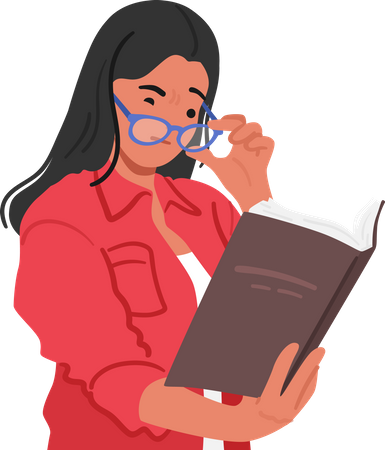 Mujer frustrada con gafas entrecierra los ojos ante el texto borroso  Ilustración