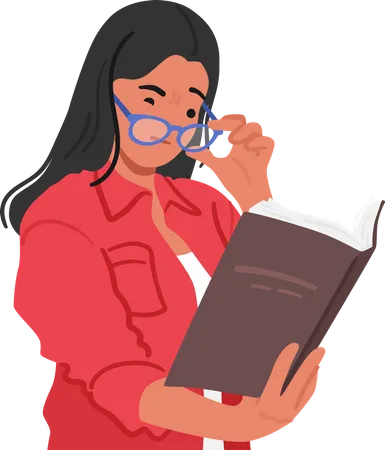 Mujer frustrada con gafas entrecierra los ojos ante el texto borroso  Ilustración