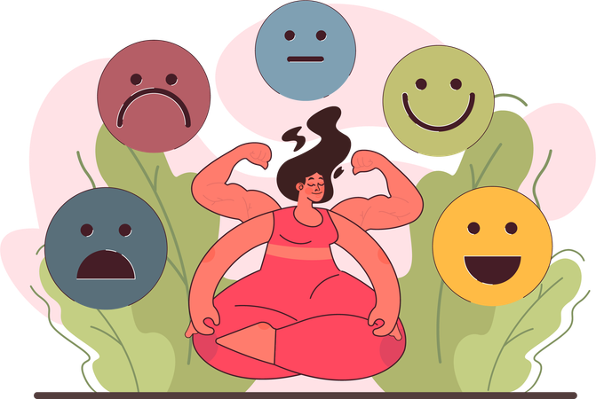 Mujer fuertemente haciendo meditación y controlando emociones.  Ilustración