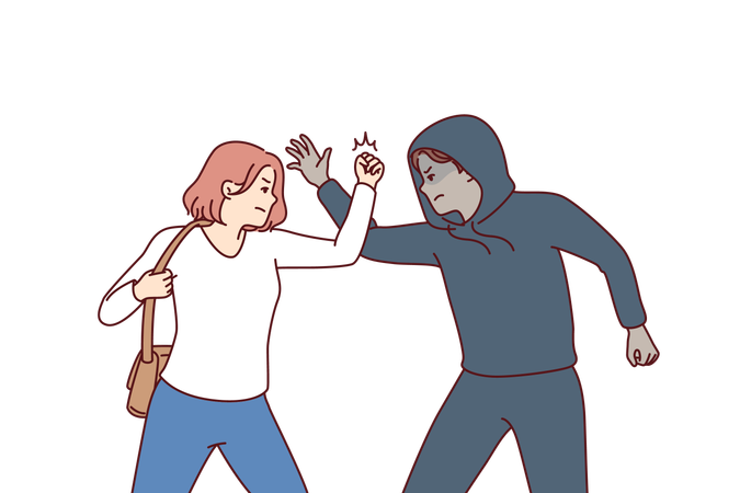 Mujer fuerte se defiende del ladrón mostrando técnicas de autodefensa al delincuente  Ilustración