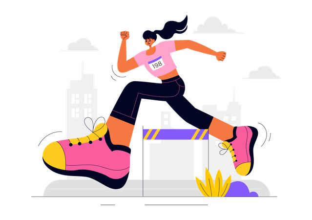 Mujer gana competición de salto de vallas  Ilustración