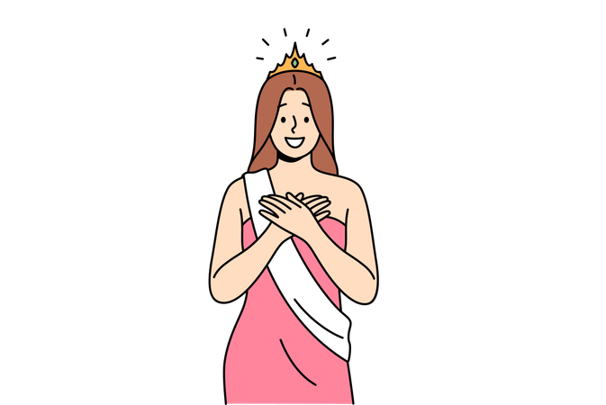 La mujer ganó el concurso de belleza sonríe con las manos en el pecho y vestida con un vestido con cinta ganadora y corona  Ilustración