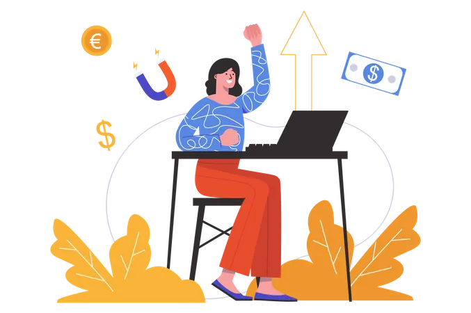 Mujer ganando dinero en línea trabajando en una computadora portátil  Ilustración