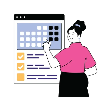 Mujer gestionando horarios en el calendario.  Ilustración