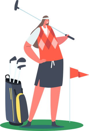 Mujer golfista posando con club de golf en Green Lawn  Ilustración