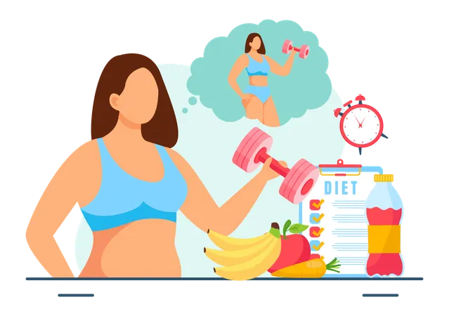 Mujer gorda come alimentos nutritivos para adelgazar  Ilustración