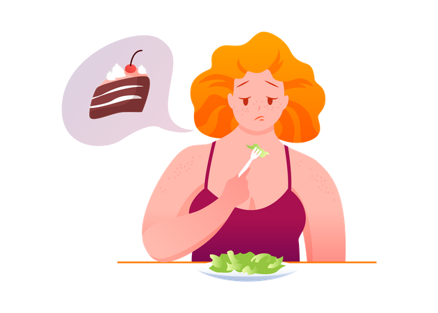 Mujer gorda comiendo comida sana  Ilustración