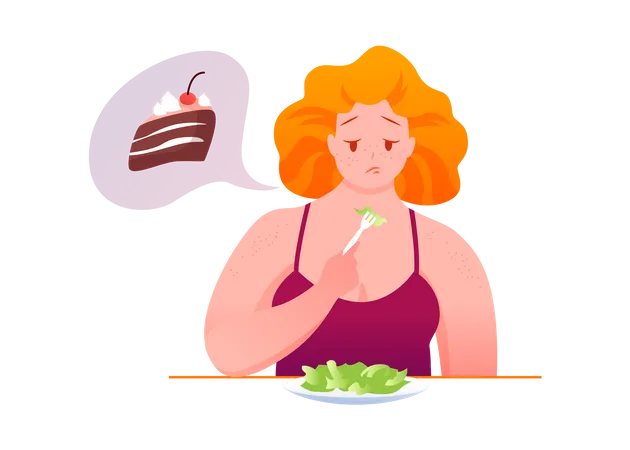 Mujer gorda comiendo comida sana  Ilustración