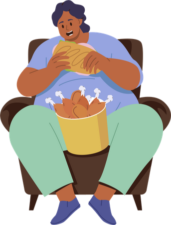 Mujer gorda comiendo muslos de pollo frito  Ilustración