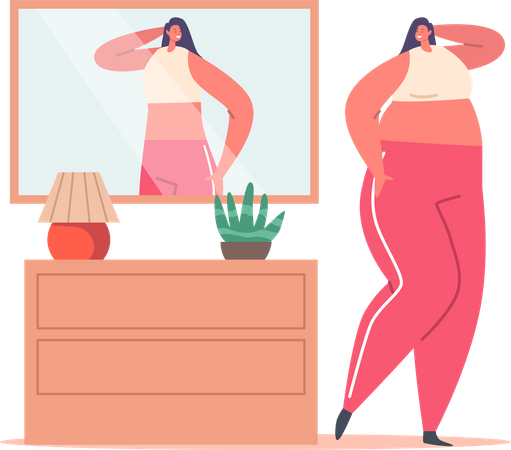 Mujer gorda con percepción inadecuada distorsionada mirando en el espejo  Ilustración