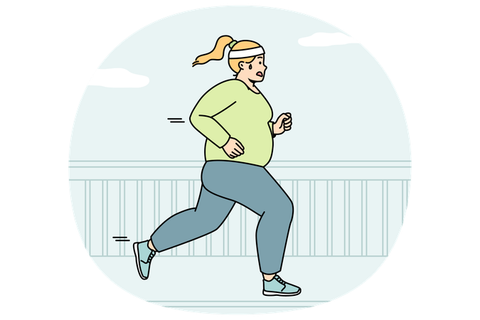Mujer gorda hace cardio al aire libre para quemar calorías  Ilustración