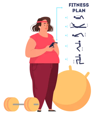 Mujer gorda haciendo un plan de acondicionamiento físico y entrenando para tener una figura en forma  Ilustración