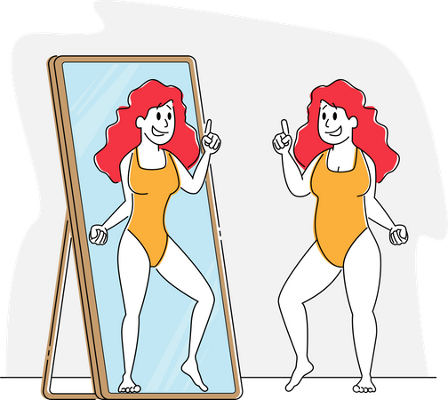Mujer gorda mirando el reflejo del espejo Admirándose a sí misma Imagínese delgada y en forma  Ilustración