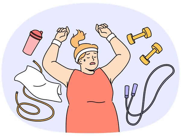 Una mujer gorda yace en el suelo entre accesorios de fitness  Ilustración