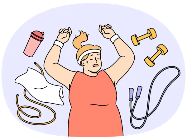 Una mujer gorda yace en el suelo entre accesorios de fitness  Ilustración