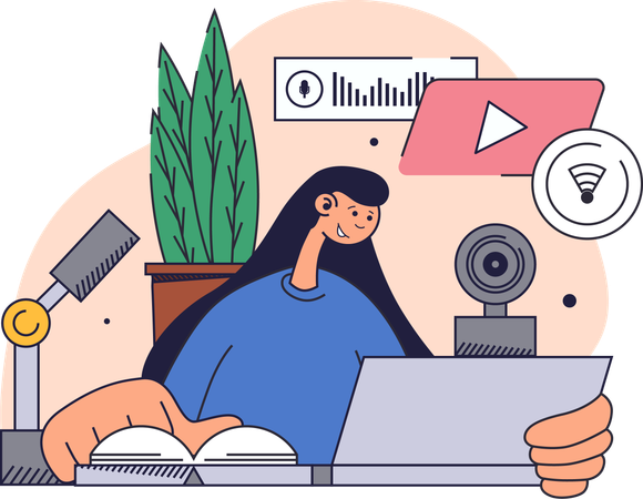 Mujer graba su podcast  Ilustración