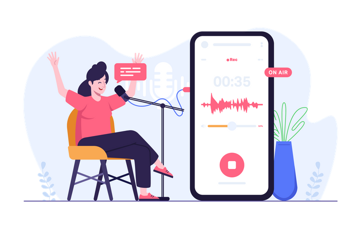 Mujer grabando audio de podcast a través del móvil  Illustration