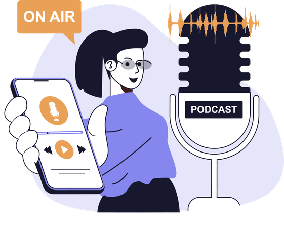 Mujer grabando un podcast en vivo  Ilustración
