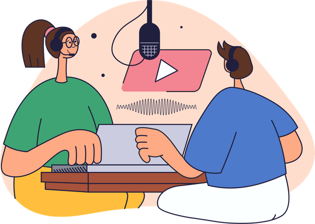 Mujer grabando un podcast de música  Ilustración