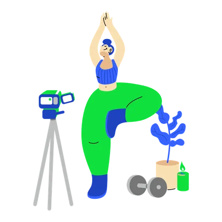 Mujer grabando una clase de video yoga  Ilustración
