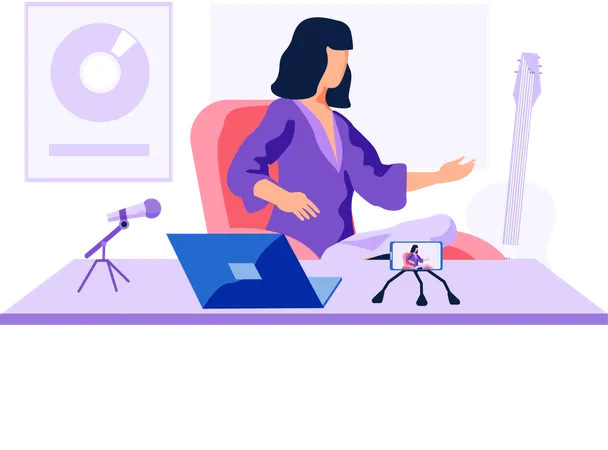 Mujer grabando un video y leyendo un mensaje en el micrófono  Ilustración