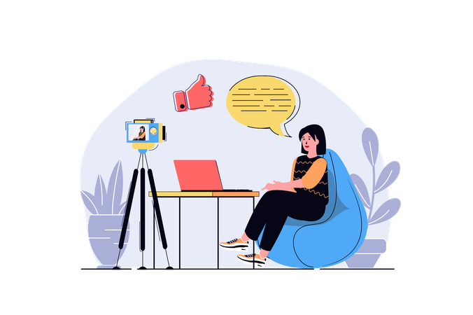 Mujer grabando transmisión en vivo y respondiendo comentarios de seguidores  Ilustración