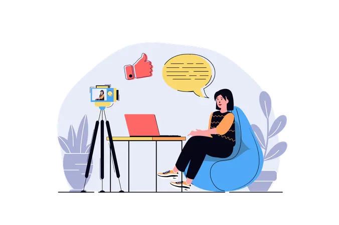 Mujer grabando transmisión en vivo y respondiendo comentarios de seguidores  Ilustración