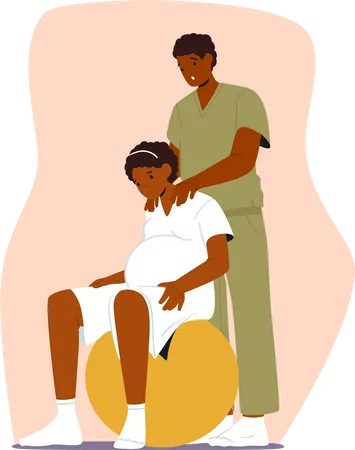 Mujer grávida y su cónyuge usando una pelota de fitness para prepararse para el parto en la clínica  Ilustración