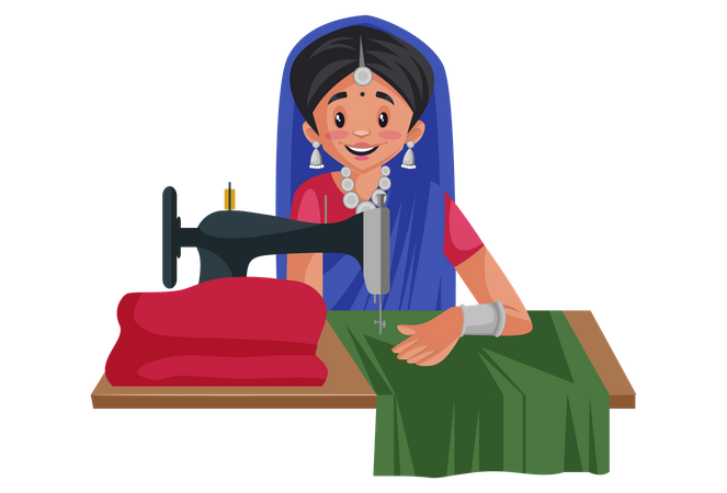 Mujer gujarati está trabajando en una máquina de coser  Ilustración