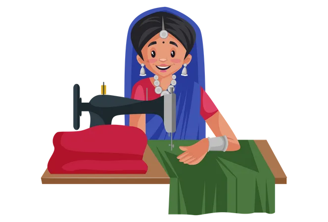 Mujer gujarati está trabajando en una máquina de coser  Ilustración