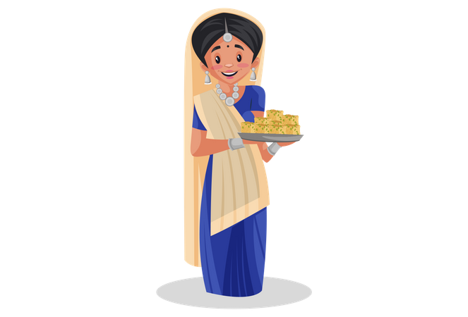 Mujer gujarati sosteniendo un plato dulce en su mano  Ilustración