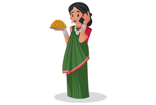 Mujer gujarati sostiene un plato de dulces en la mano y habla por teléfono móvil  Ilustración