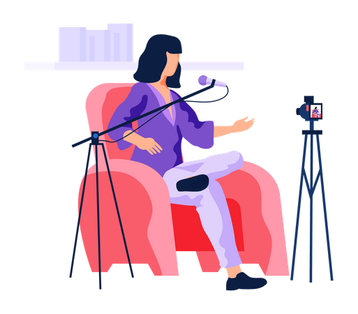 Mujer hablando por micrófono mientras graba vídeo  Ilustración