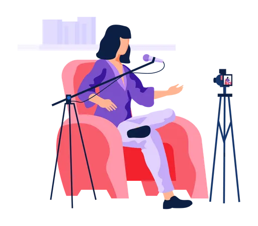 Mujer hablando por micrófono mientras graba vídeo  Ilustración