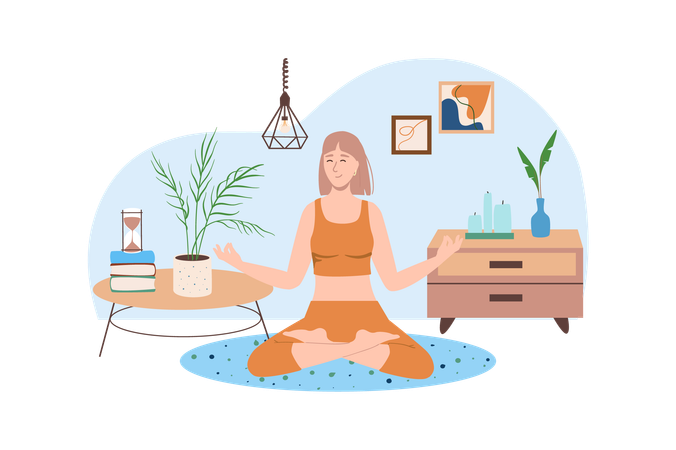 La mujer hace ejercicios de yoga para relajarse en casa.  Ilustración