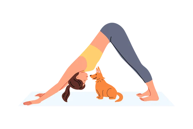 Una mujer hace pilates sobre colchonetas de yoga y hace estiramientos cerca de un gracioso cachorro  Illustration