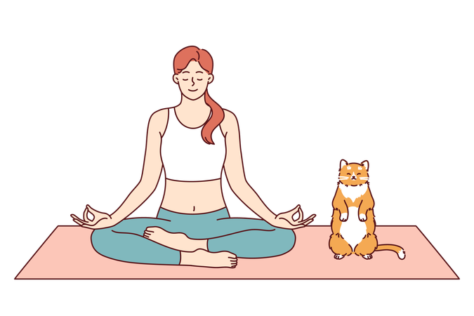 Mujer hace yoga con gato meditando en posición de loto desde la práctica Zen o asana  Ilustración