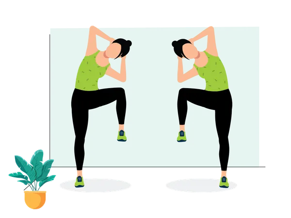 Mujer haciendo abdominales laterales de pie  Illustration