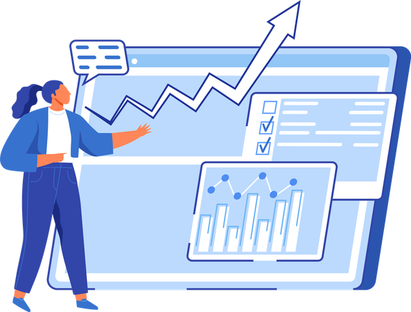 Mujer realizando análisis de datos de investigación estadística  Ilustración