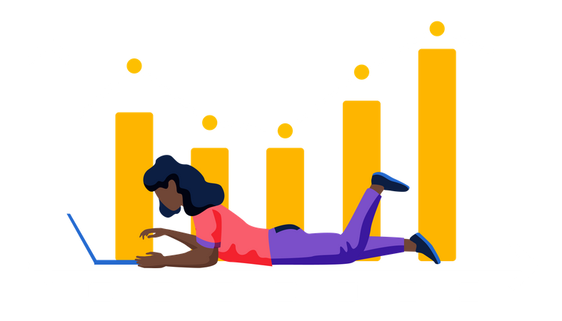 Mujer haciendo análisis de negocios en la computadora portátil  Ilustración